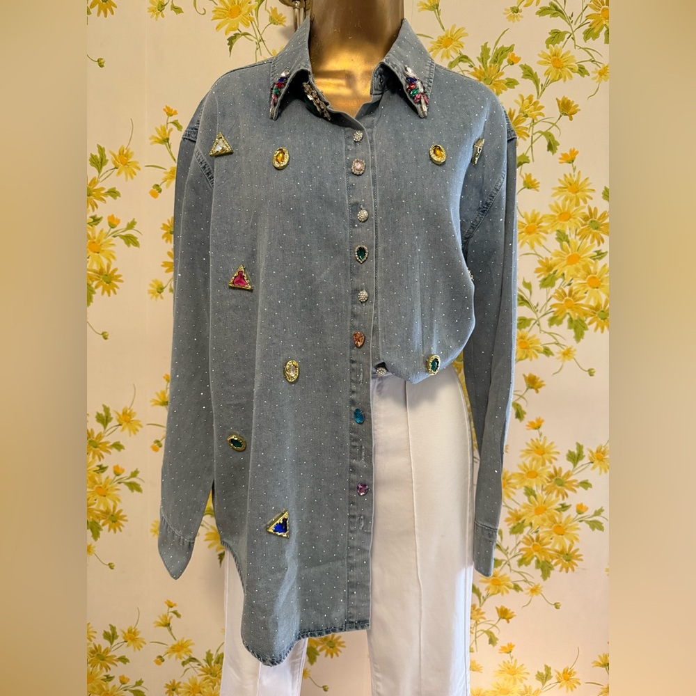 Colorful rhinestone button front denim shirt size M